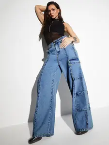 Miss Chase Women Wide Leg High-Rise Heavy Fade Cargo Styles Jeans