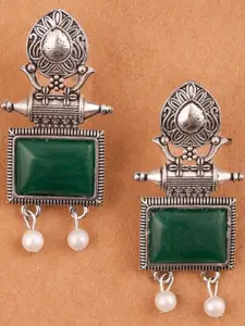 Anouk Silver-Plated Artificial Stones Studded And Beaded Sparkly Leaf Shaped Drop Earrings