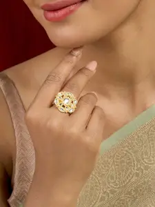 TEEJH Gold-Plated Stone-Studded Varnika Polki Finger Ring
