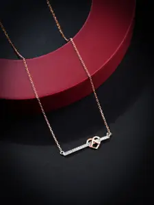CAUER 925 Silver Rose-Gold Plated Heart with Diamond bar Pendant Chain