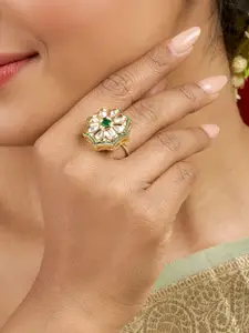 TEEJH Gold-Plated Stone-Studded Adjustable Finger Ring