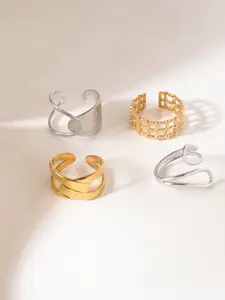 Niska Set Of 4 Gold-Plated Intricate Textured Details-Studded Adjustable Finger Rings