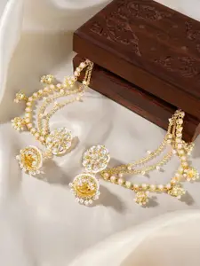 TEEJH Gold-Plated Dome Shaped Artificial Stones Studded and Beaded Jhumkas Polki Kanchain