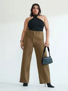 FREAKINS Women Plus Size Curve Muted Brown Pure Cotton Straight Jeans