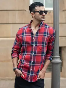 Powerlook Men Tartan Checked Button-Down Collar Pure Cotton Casual Shirt