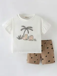 INCLUD Girls Printed Drop Shoulder Flared Sleeves Top With Shorts