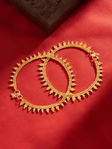 TEEJH Gold-Plated Artificial Stones Studded and Beaded Anklets