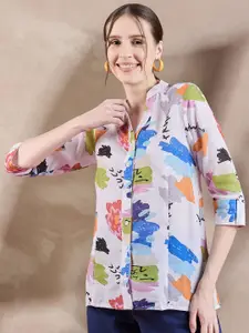 all about you Women Print Mandarin Collar Roll-Up Sleeves Shirt Style Top