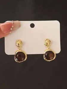 DIVASTRI Gold-Plated Artificial Stones Studded Korean Floral Drop Earrings