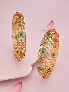 Kushal's Fashion Jewellery Ruby-Green Set Of 2 Gold-Plated Ethnic Antique Bangles