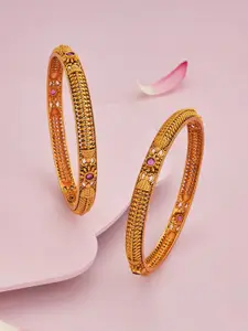 Kushal's Fashion Jewellery Set Of 2 Ruby Gold-Plated Ethnic Antique Bangles