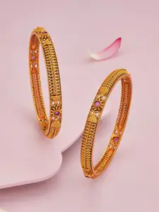 Kushal's Fashion Jewellery Set Of 2 Gold-Plated Ruby-Studded Ethnic Antique Bangles