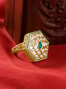 TEEJH Gold-Plated Smita Green Stone-Studded Hexagon Shaped Finger Ring