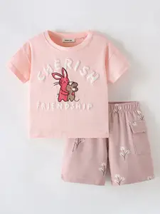 INCLUD Girls Printed Round Neck T-Shirt With Shorts