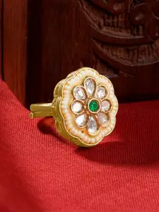 TEEJH Kriti Gold-Plated Stone-Studded & Beaded Adjustable Finger Ring