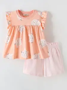 INCLUD Girls Cat Face Printed Top with Shorts