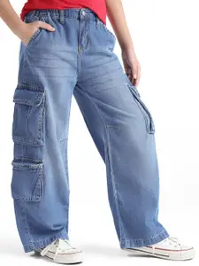 ARIAS By LARA DUTTA Girls Baggy Fit Mid-Rise Light Fade Cotton Cargo Styles Jeans