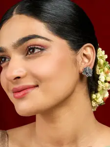 TEEJH Silver-Plated Floral Shaped Oxidised Studs Earrings