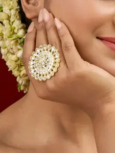 TEEJH Gold-Plated Stone-Studded Fulora Polki Finger Ring