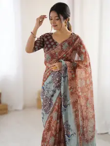 Saree mall Women Floral Mirror Work Pure Linen Bagru Sarees