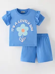 INCLUD Girls Floral Printed Round Neck Top With Shorts