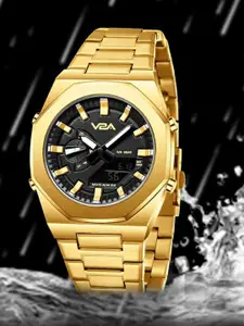V2A Men Patterned Dial & Stainless Steel Bracelet Style Straps Analogue and Digital Watch
