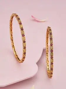 Kushal's Fashion Jewellery Set Of 2 Gold-Plated Ruby-Studded Antique Bangles