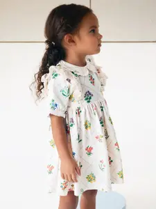 INCLUD Girls Floral Printed Peter Pan Collar Puff Sleeve Cotton Fit & Flare Dress