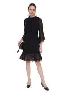 MARC LOUIS Women Solid Flared Sleeve Georgette Fit and Flare Knee Length Dress