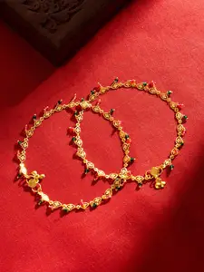 TEEJH Gold-Plated Artificial Beaded Anklets