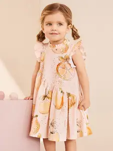 INCLUD Girls Printed Flutter Sleeve Fit & Flare Cotton Midi Dress