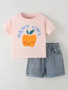 INCLUD Girls Apricot Printed Round Neck T-Shirt With Shorts
