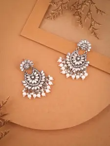 DIVASTRI Silver-Plated Stone Studded & Beaded Contemporary Oxidised Chandbalis