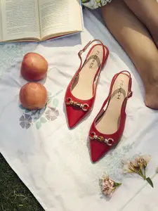 Peach Flores Women Embellished Leather Block Heel Pumps with Ethnic - Embellished