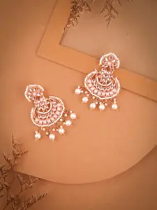 DIVASTRI Gold-Plated Stones Studded And Beaded Oxidised Floral Shaped Drop Earrings