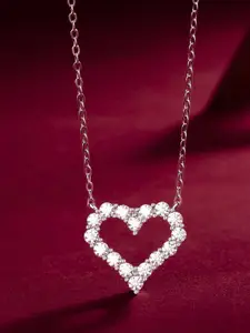 CAUER 925 Sterling Silver Rhodium-Plated Heart Pendant Cz Studded Necklace Chain