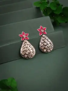 DIVASTRI Silver-Plated Artificial Stones Studded Oxidised Floral Shaped Drop Earrings