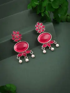 DIVASTRI Silver-Plated Stones Studded And Beaded Oxidised Floral Shaped Drop Earrings
