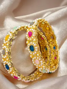 BeautyTrends Set Of 2 Gold-Plated Stone-Studded & Pearl Beaded Bangles