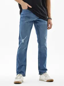 Snitch Men Blue Relaxed Fit Mid-Rise Low Distress Light Fade Cuffed Hem Stretchable Jeans