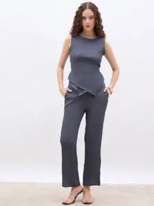 Styli Round Neck Assymetric Tie Up Top & Straight Leg Trouser Co-Ords