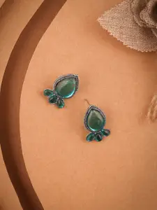 DIVASTRI Silver-Plated Artificial Stones Studded Leaf Shaped Oxidised Studs