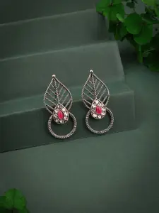 DIVASTRI Silver-Plated Artificial Stones Studded Contemporary Oxidised Drop Earrings