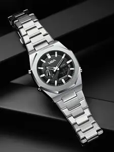 V2A Men Dial & Stainless Steel Bracelet Style Straps Analogue Watch V2A-JF-1966-Slvr-Blk-0