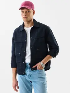 Snitch Navy Blue Men Lightweight Textured Tailored Jacket