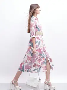 Vero Moda Women Floral Printed Roll-Up Sleeves Fit & Flare Knee Length Dress