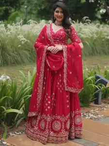 ZAALIMA FASHION Women Embroidered Sequinned Semi-Stitched Lehenga, Blouse With Dupatta