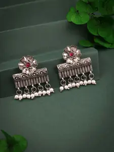 DIVASTRI Silver-Plated Stones Studded And Beaded Oxidised Floral Shaped Drop Earrings