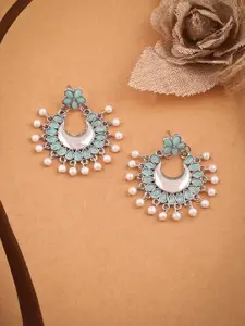 DIVASTRI Silver-Plated Artificial Stones Studded & Beaded Crescent Shaped Drop Earrings