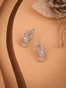 DIVASTRI Silver-Plated Artificial Stones Studded Contemporary Shaped Drop Earrings